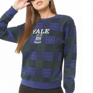 Yale Bulldogs Varsity Letterman Blue Green Plaid Crewneck Sweater Small